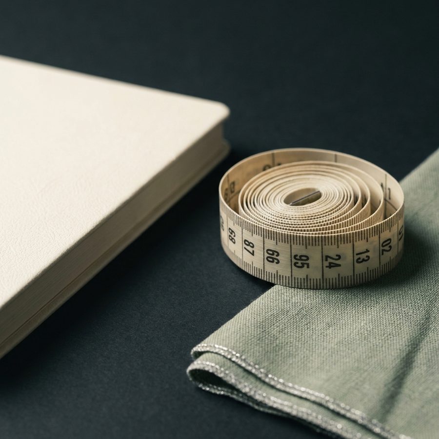 Cinta métrica de sastre enrollada junto a un cuaderno, sobre la tela del taller