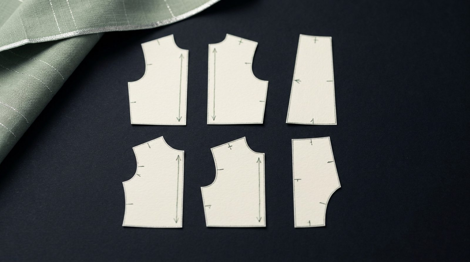 Piezas de patrón de sastre recortadas en papel marfil sobre la tela del taller