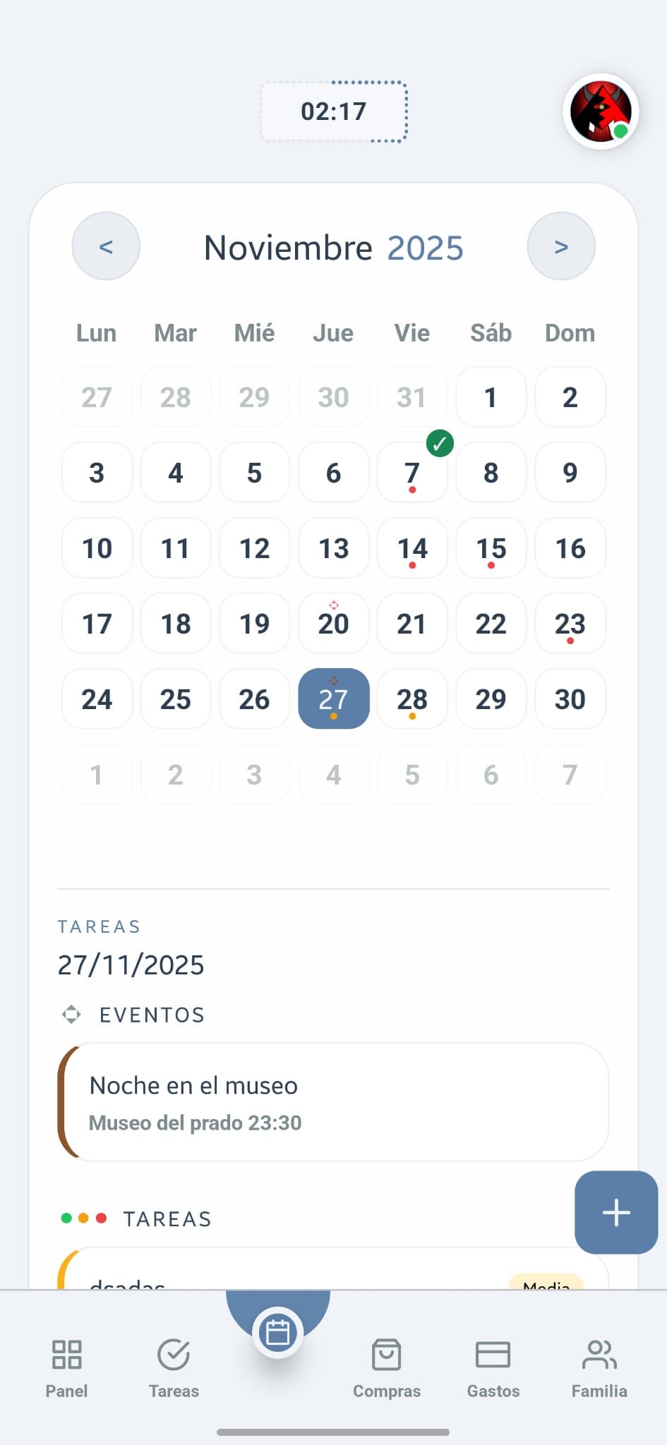 Calendario de Easiful con los eventos y tareas del grupo