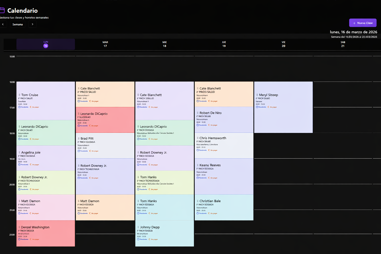 Learning Eureka vista de calendario de clases