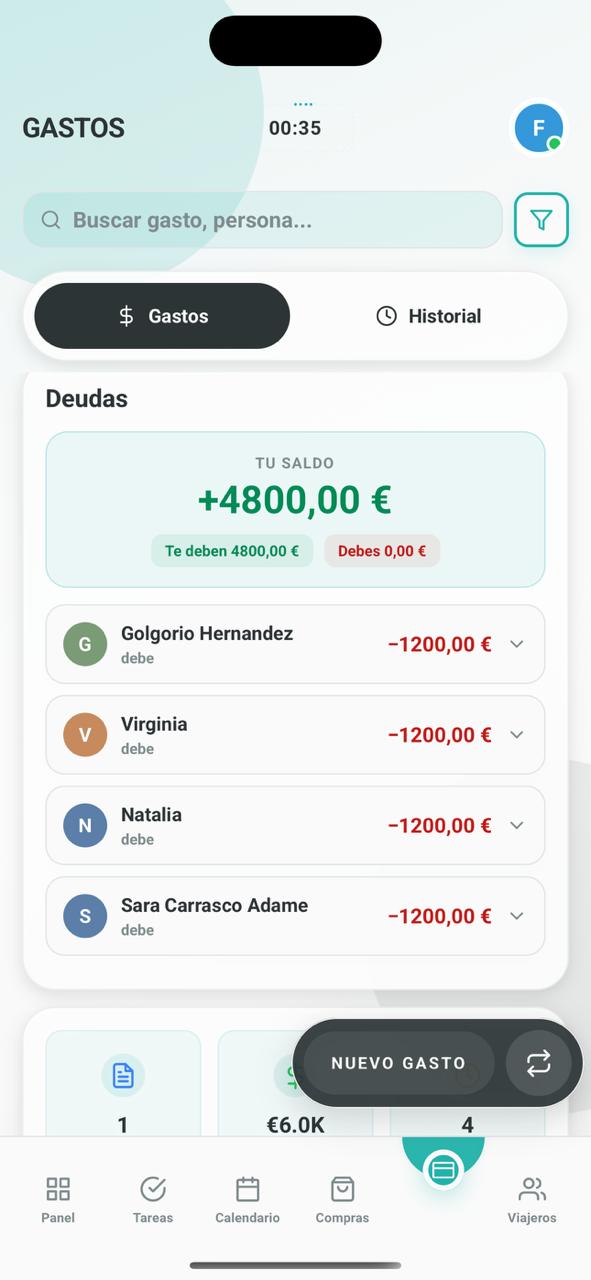 Pantalla de gastos compartidos de Easiful con las deudas entre miembros y la opción de liquidarlas