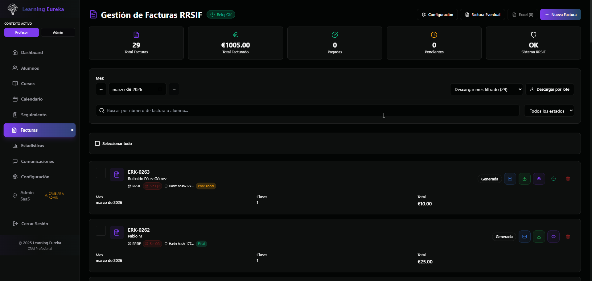 Learning Eureka vista de facturas y cobros